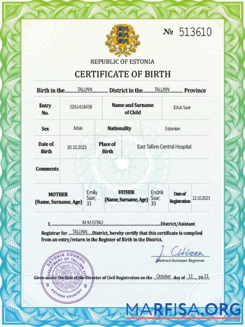 Blank Estonia vital record birth certificate PSD template